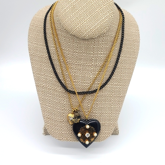 JUICY COUTURE Victorian Blk Heart ๐ค Pend w/ Gold Filigree, Pearls, Rhinestones! - Picture 8 of 14